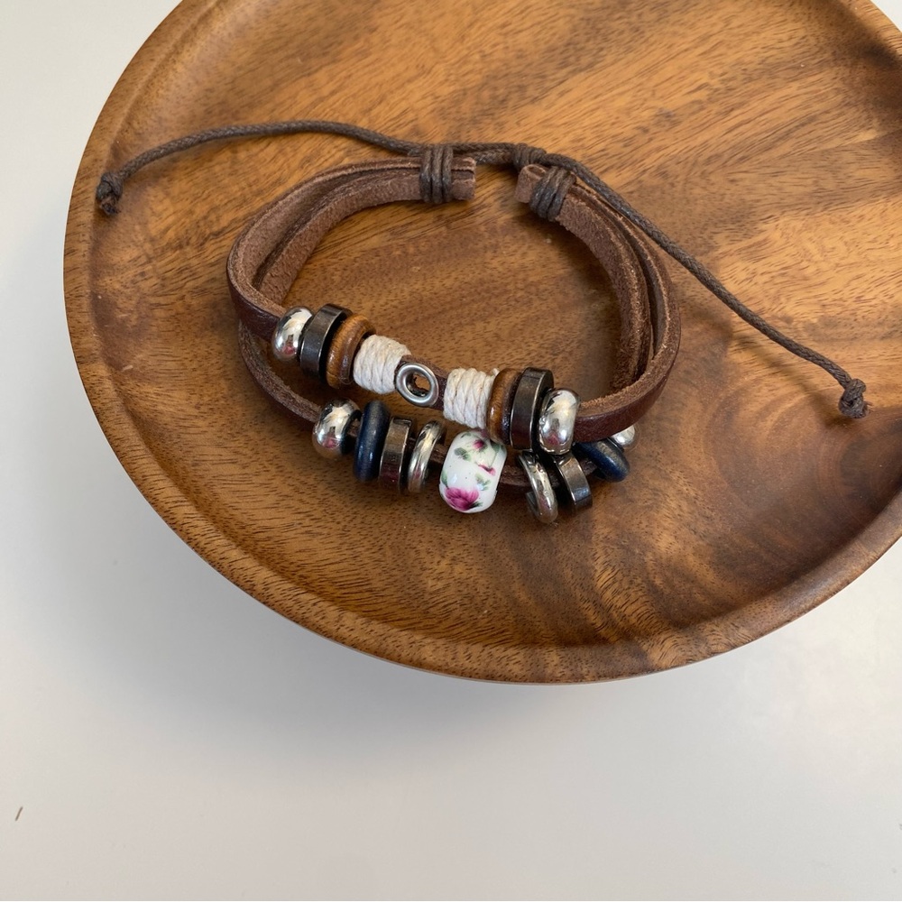 4/$15 Boho Leather Bracelet with Wood, Metal & Floral Ceramic Beads